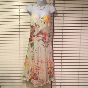𝅺BOUTIQUE 100% Silk Flowy Beaded Layered Midi Sz S Hawaiian White Floral Dress